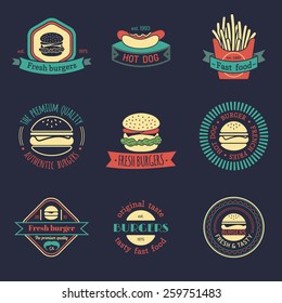 Vector vintage fast food logos set. Burgers, hot dogs, sandwiches illustrations. Vintage quick meals collection. Snack bar, street restaurant icons.