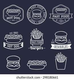 Vector vintage fast food logos set. Retro eating signs collection. Hand drawn burger, hipster sandwich, fried potatoes, hot dog, frankfurter emblems. Bistro, snack bar, street restaurant icons. 