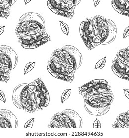 Vektor Vintage Fast Food nahtloses Muster. Handgezeichnete, monochrome Junk Food Illustration mit Burger und Grün. Ideal für Speisen, Poster oder Restaurant-Hintergrund.