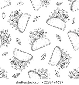 Vector vintage fast food seamless pattern. Hand drawn monochrome junk food illustration with tacos. Great for menu, poster or restaurant background.