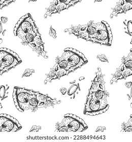 Vector vintage fast food seamless pattern. Hand drawn monochrome junk food illustration with  pizza slice and greenery. Great for menu, poster or restaurant background.