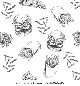 Vector vintage fast food seamless pattern. Hand drawn monochrome junk food illustration with burger  and french fries. Great for menu, poster or restaurant background.