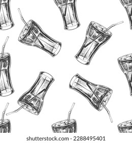 Vector vintage fast food seamless pattern. Hand drawn monochrome junk food illustration of cola glass  with ice. Great for menu, poster or restaurant background.