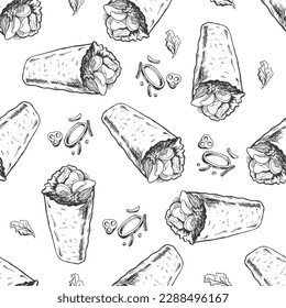 Vector vintage fast food seamless pattern. Hand drawn monochrome junk food illustration with burritos and vegetables. Great for menu, poster or restaurant background.