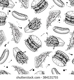 Vector vintage fast food seamless pattern. Hand drawn monochrome junk food illustration with pizza, burger, french fries and hot dog. Great for menu, poster or restaurant background.