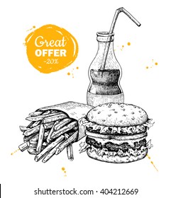 Vector vintage fast food special offer. Hand drawn monochrome junk food illustration. Soda, burger and french fries drawing. Great for poster, banner, voucher, coupon, business promote.