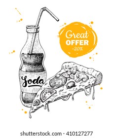 Vector vintage fast food special offer. Hand drawn monochrome junk food illustration. Soda and pizza slice. 