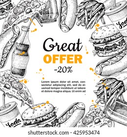 Vector Vintage Fast Food Special Offer. Hand Drawn Junk Food Frame Illustration. Soda, Hot Dog, Pizza,  Burger And French Fries Drawing. Great For Label, Menu, Poster, Banner, Voucher, Coupon