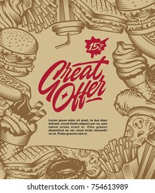 vector vintage fast food special offer. hand drawn junk food frame illustration.,