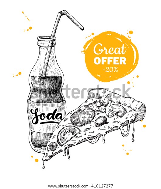 ベクタービンテージファストフード特典 手描きのモノクロジャンクフードイラスト ソーダとピザのスライス のベクター画像素材 ロイヤリティフリー