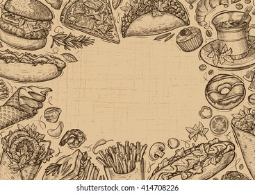Vector vintage fast food. Template design menu restaurant or cafe