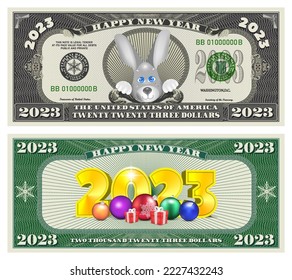 Billete de Año Nuevo festivo vectorial vintage. Denominación: 2023 dólares estadounidenses. Feliz divertido y lindo símbolo de conejo gris del año y números dorados 3d con bailes de navidad y regalos de colores