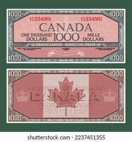 Vector vintage fictional Canadian money. Obverse and reverse of the gaming banknote with guilloche frame. The inscriptions in French mean one thousand dollars and bank of Canada.