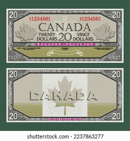 Vector vintage ficticio dinero canadiense. Inverso y reverso del billete de la partida con marco de guilloche. Las inscripciones en francés significan veinte dólares.