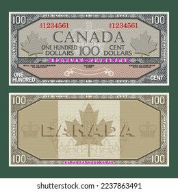 Vector vintage fictional Canadian money. Obverse and reverse of the gaming banknote with guilloche frame. The inscriptions in French mean one hundred dollars.