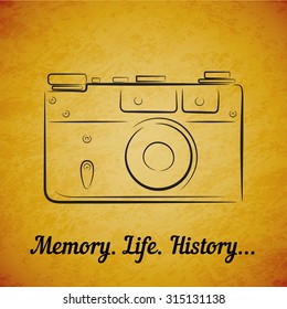 Vector vintage film photocamera on yellow grunge background. Element for design, logo, studio, template and other. Live line draw style