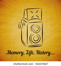 Vector vintage film photocamera on yellow grunge background. Element for design, logo, studio, template and other. Live line draw style