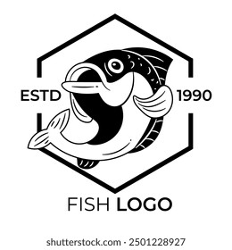 Vector of Vintage Fish Logo, Fishing Community Logo, Monster Fishing, Black and White Fish Logo, Retro Fish Logo, Fish Isolated In outline