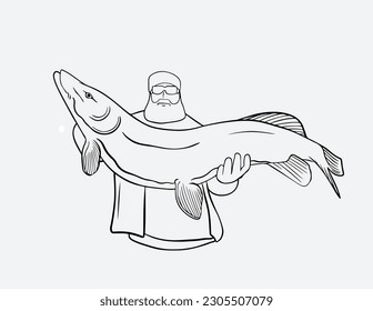 Vector vintage fisherman for logo design in the sea. The fisherman is in the boat. Boat on a blue wave. Fisherman fishing silhouette. Fisherman sketch