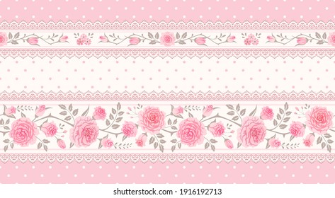 Vector vintage floral background, border. Seamless polka dot pattern with pink roses and laces. Shabby chic style