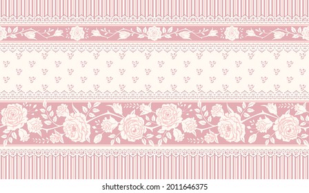 Vector vintage floral background, border. Seamless pattern decorated of roses and laces. Shabby chic style