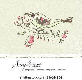  Vector vintage floral background with decorative bird. Romantic picture of a bird sitting on a blooming branch. Spring floral vector vintage card.
