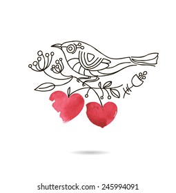 Vector vintage floral background with decorative bird. Romantic picture of a bird sitting on a blooming branch. Spring floral vector vintage card.