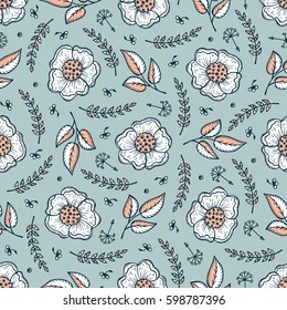 Vector Vintage Floral Background. Flowers Seamless Pattern. Hand Drawn Flowers, Leaves, Sprigs, Seeds