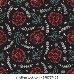 Vector Vintage Floral Background. Flowers Seamless Pattern. Hand Drawn Flowers, Leaves, Sprigs, Seeds