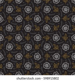 Vector Vintage Floral Background. Flowers Seamless Pattern. Hand Drawn Flowers, Leaves, Sprigs, Seeds
