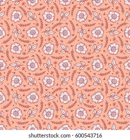 Vector Vintage Floral Background. Flowers Seamless Pattern. Hand Drawn Flowers, Leaves, Sprigs, Seeds.