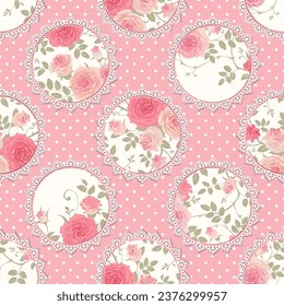 Vector vintage floral background. Seamless polka dot pattern with pink roses and laces. Shabby chic style