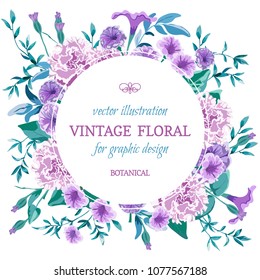 Vector vintage floral background.Wedding card with round frame floral bunch.Flowers Botanical drawing in watercolor style. Petunia, peony pink purple, lilac and twigs with leaves,greenery.