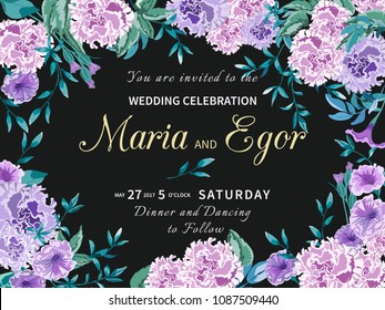 Vector vintage floral background.Wedding card with frame of Petunia, peony rose pink purple, lilac and twigs with leaves,greenery on black.Flowers Botanical drawing in watercolor style.