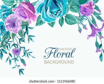 Vector vintage floral background.Wedding card with frame of pink, blue, lilac roses and twigs with leaves,greenery on white.Flowers Botanical drawing in watercolor style.