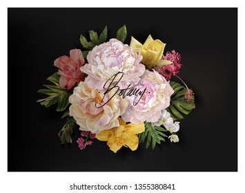 Vector vintage floral banner with garden roses, peonies and tropical leaves on black. Romantic design for natural cosmetics, perfume, women products. Can be used as greeting card or wedding invitation Vector vintage floral banner with garden roses, peonies and tropical leaves on black. Romantic design for natural cosmetics, perfume, women products. Can be used as greeting card or wedding invitation