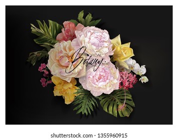 Vector vintage floral banner with garden roses, peonies and tropical leaves on black. Romantic design for natural cosmetics, perfume, women products. Can be used as greeting card or wedding invitation Vector vintage floral banner with garden roses, peonies and tropical leaves on black. Romantic design for natural cosmetics, perfume, women products. Can be used as greeting card or wedding invitation