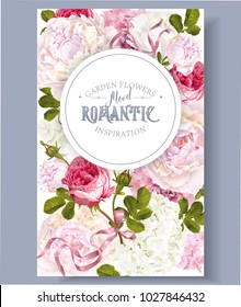 Vector vintage floral banner with peony, hydrangea, rose flowers and ribbon. Romantic design for natural cosmetics, perfume, women products. Can be used as greeting card. Best for wedding invitation