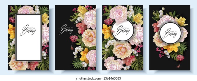 Vector vintage floral banner set with garden rose, peonies and tropical leaves on black. Romantic design for natural cosmetics, perfume, women products. Can be used as greeting card,wedding invitation