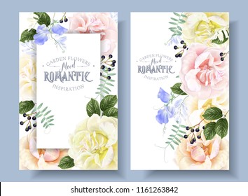 Vector vintage floral banners with garden roses and sweet pea flowers on white. Romantic design for natural cosmetics, perfume, women products. Can be used as greeting card or wedding invitation