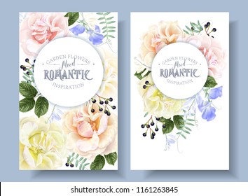 Vector vintage floral banners with garden roses and sweet pea flowers on white. Romantic design for natural cosmetics, perfume, women products. Can be used as greeting card or wedding invitation