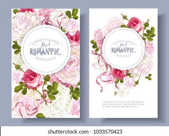 Vector vintage floral banners with peony, hydrangea, rose flowers and ribbon. Romantic design for natural cosmetics, perfume, women products. Can be used as greeting card. Best for wedding invitation
