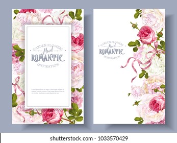 Vector vintage floral banners with peony, hydrangea, rose flowers and ribbon. Romantic design for natural cosmetics, perfume, women products. Can be used as greeting card. Best for wedding invitation