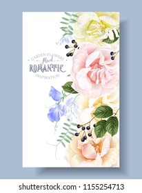 Vector vintage floral border with garden roses and sweet pea flowers. Romantic design for natural cosmetics, perfume, women products. Can be used as greeting card. Best for wedding invitation