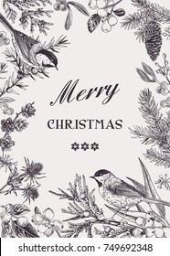 Vector vintage floral card with evergreens and berries.  Christmas winter background. Black and white. Two birds. Engraving.