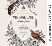 Vector vintage floral card. Two birds in the wild rose bushes.
