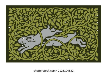 Vector vintage floral colorful ornament with running hares,  in Victorian style 
