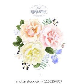 Vector vintage floral composition with garden roses and sweet pea flowers isolated on white. Romantic design for natural cosmetics, perfume, women products. Best for greeting card, wedding invitation