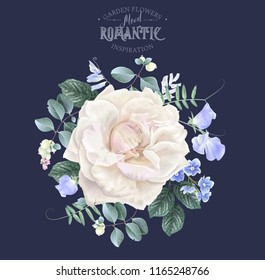 Vector vintage floral composition with garden pale rose and sweet pea flowers on blue. Romantic design for natural cosmetics, perfume, women products. Can be used as greeting card or wedding invitatio