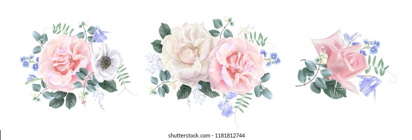 Vector vintage floral composition set with garden rose and sweet pea flower on white. Romantic design for natural cosmetics, perfume, women products. Can be used for greeting card, wedding invitation